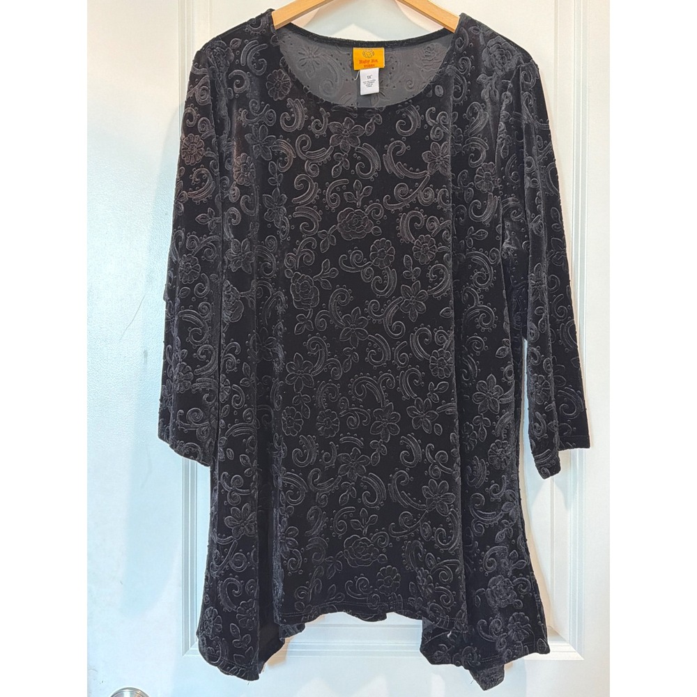 Ruby Rd Woman Black Velvet Floral Paisley Embossed Tunic Top 1X 3/4 Sleeve